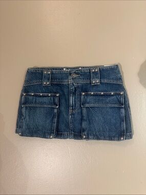 We The Free Dark Blue Denim Mini Skirt with Front Flap Pockets